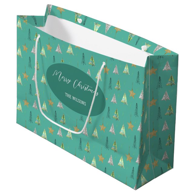 Grand Sac Cadeau Motif d'aquarelle Turquoise pour sapin de Noël (Devant Angle)