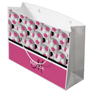 Grand Sac Cadeau Motif de balle de soccer rose Monogram