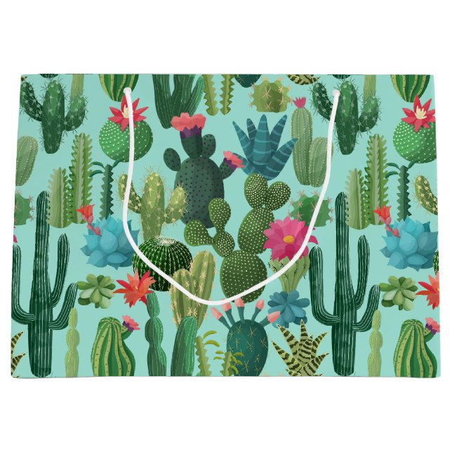 Grand Sac Cadeau Motif de cactus Turquoises verts en fleurs (Devant)