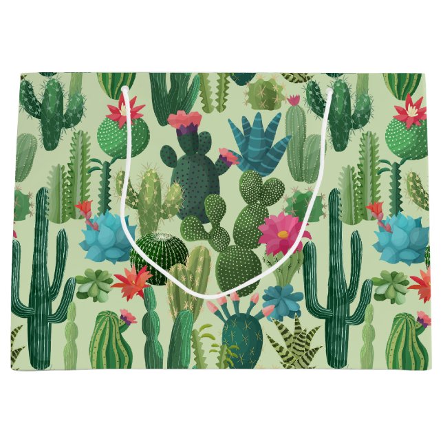 Grand Sac Cadeau Motif de cactus Turquoises verts en fleurs (Devant)