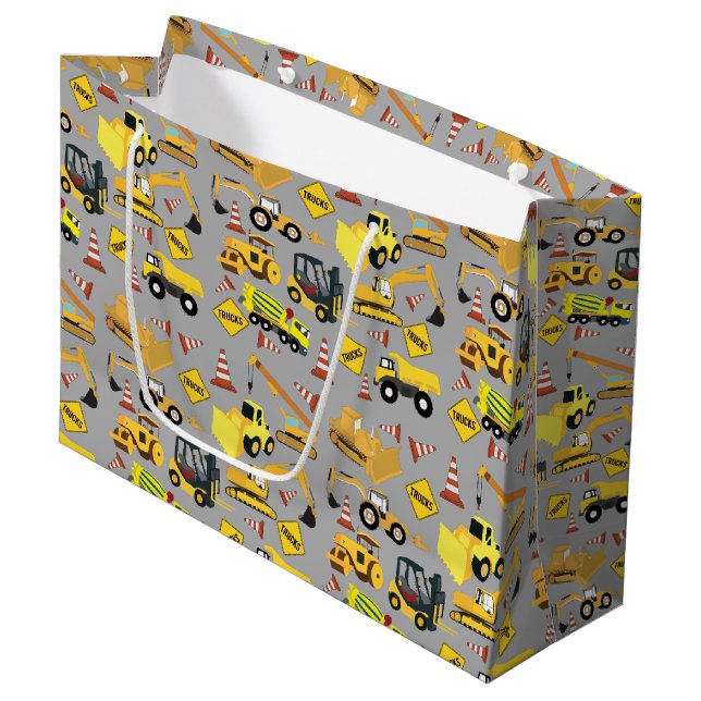 Grand Sac Cadeau Motif de camions de construction (Devant Angle)