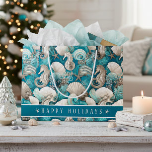 Grand Sac Cadeau Motif de cheval marin de Noël côtier gras #4 ID100