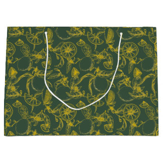 Grand Sac Cadeau Motif de citron botanique sur vert avec Étiquette