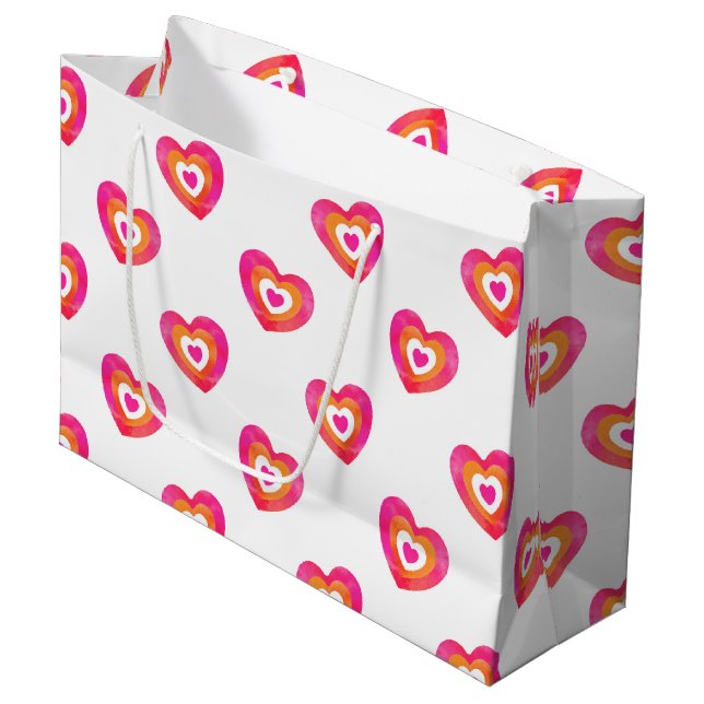 Grand Sac Cadeau Motif de coeur couleur orange rose chaud (Devant Angle)