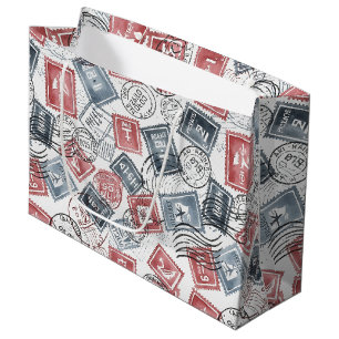 Grand Sac Cadeau Motif de collage de timbres-poste vintage (1)