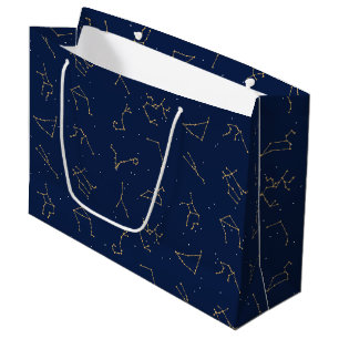 Grand Sac Cadeau Motif de constellations de Zodiac bleu or et marin