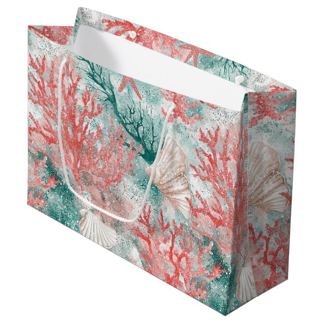 Grand Sac Cadeau Motif de coquillages côtiers boho (Devant Angle)