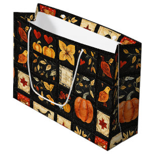 Grand Sac Cadeau Motif de courtepointe d'art populaire d'automne