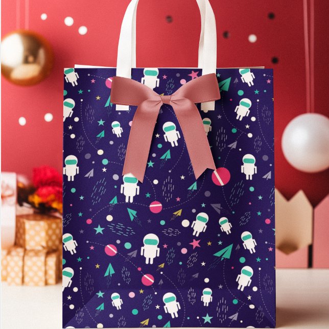 Grand Sac Cadeau Motif de dessin de l'astronaute spatial (gift bag, birthday surprise gift bag, teddy bear gift bag, wine gift bag, travel bag, use and throw )