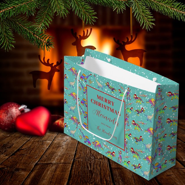 Grand Sac Cadeau Motif de dinosaure de Noël Ajouter un nom (Christmas dinosaurs wearing santa hats pattern personalized holiday gift bag)