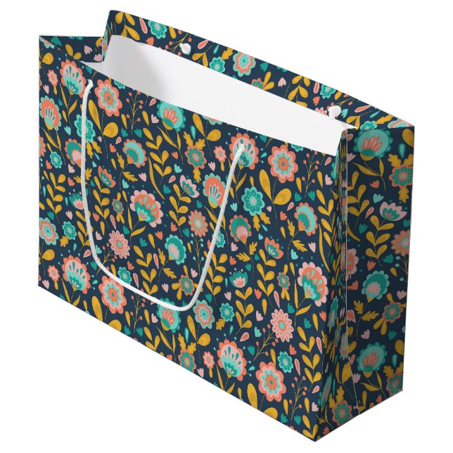 Grand Sac Cadeau Motif de fleur d'art populaire (Devant Angle)