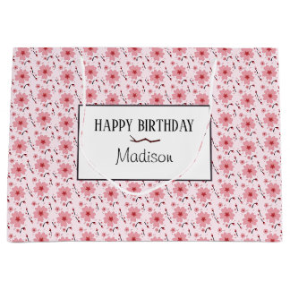 Grand Sac Cadeau Motif de fleur de cerisier rose Joyeux Anniversair