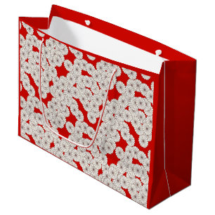 Grand Sac Cadeau Motif de fleurs Art Déco - blanc sur rouge