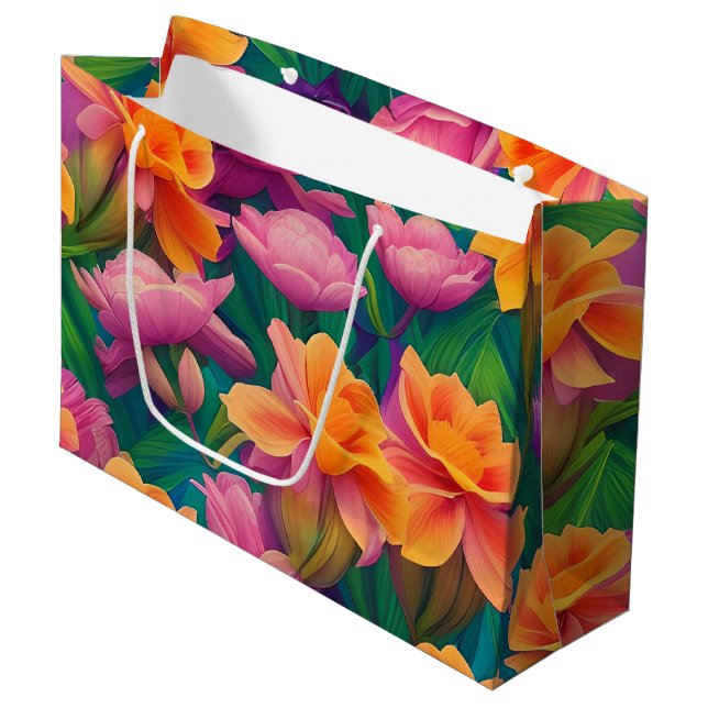 Grand Sac Cadeau Motif de fleurs tropicales hawaïennes (Devant Angle)