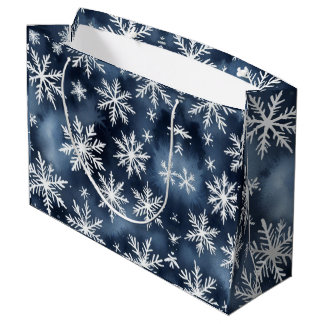 Grand Sac Cadeau Motif de flocons de neige à l'aquarelle en bleu ma
