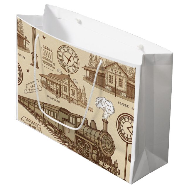 Grand Sac Cadeau Motif de gare ferroviaire vintage (1) (Devant Angle)
