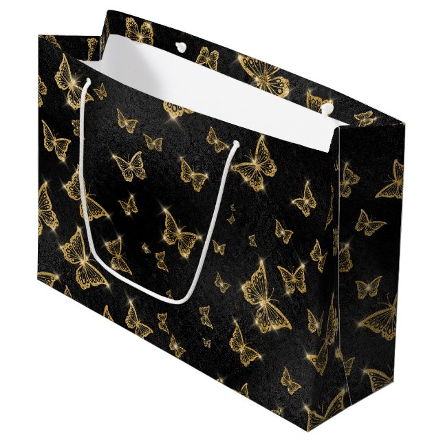 Grand Sac Cadeau Motif de glam or et papillons noirs (Devant Angle)