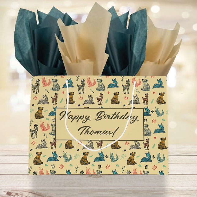 Grand Sac Cadeau Motif de gribouillis d'animaux forestiers | jaune (Créateur téléchargé)