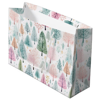 Grand Sac Cadeau Motif de la forêt d'aquarelle de Noël