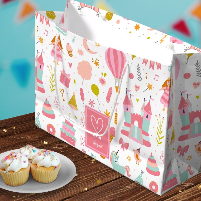 Grand Sac Cadeau Motif de la soirée Unicorn rose Monogrammed Girls (Créateur téléchargé)