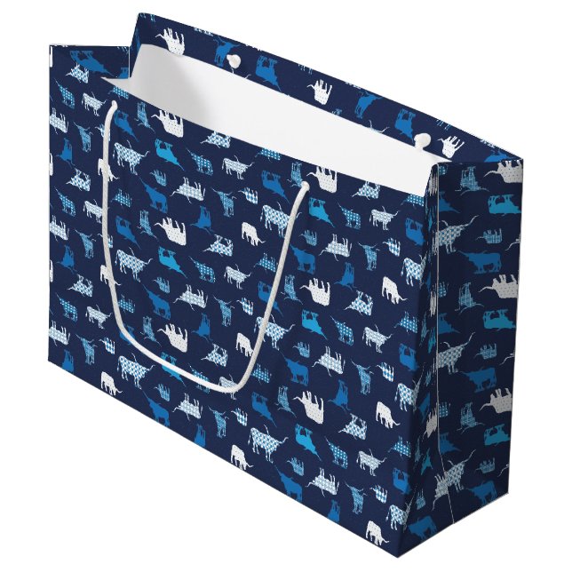 Grand Sac Cadeau Motif de Longhorns à motif bleu (Devant Angle)