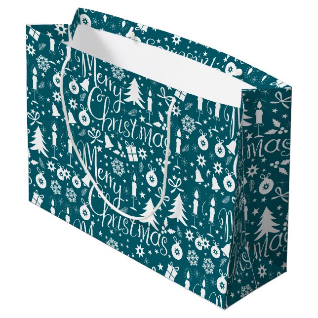 Grand Sac Cadeau Motif de Noël bleu-vert blanc (Dos Angle)