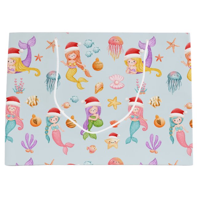 Grand Sac Cadeau Motif de Noël de Mermaid Père Noël (Devant)
