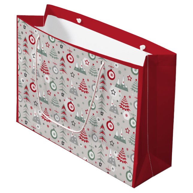 Grand Sac Cadeau Motif de Noël d'hiver. (Devant Angle)