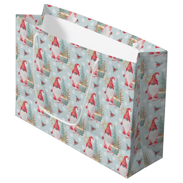 Grand Sac Cadeau Motif de Noël Gnome (Devant Angle)