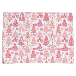 Grand Sac Cadeau Motif de Noël rose