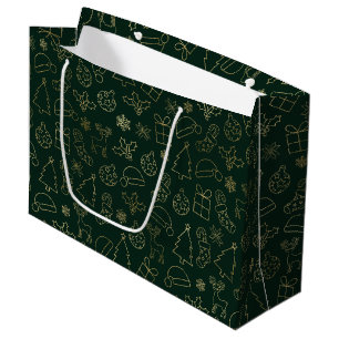 Grand Sac Cadeau Motif de Noël vert et or élégant avec feuille méta