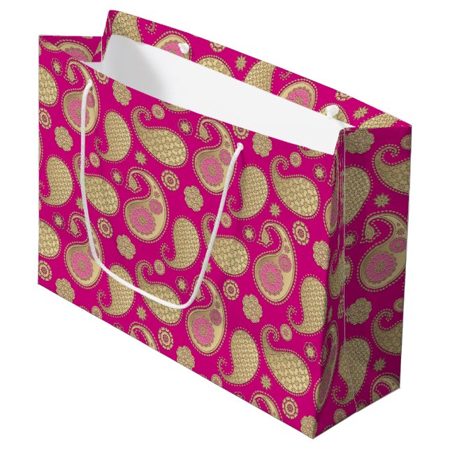 Grand Sac Cadeau Motif de Paisley, or mol sur le rose fuchsia (Devant Angle)