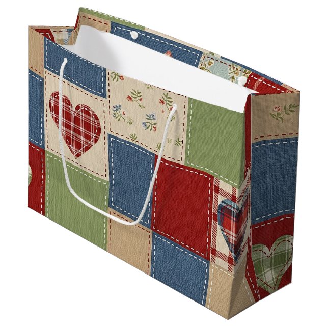 Grand Sac Cadeau Motif de pique-nique Cœurs Patchwork Rustique (4) (Devant Angle)