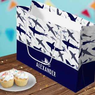Grand Sac Cadeau Motif de requin bleu avec nom garçon fête d'annive