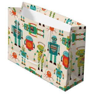 Grand Sac Cadeau Motif de robots rétro colorés