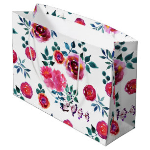 Grand Sac Cadeau Motif de roses rouges et roses peintes à la main