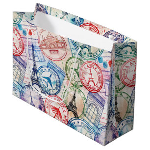 Grand Sac Cadeau Motif de timbre de voyage dans le monde vintage (2