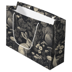 Grand Sac Cadeau Motif de toile de lapin vintage noir et botanique