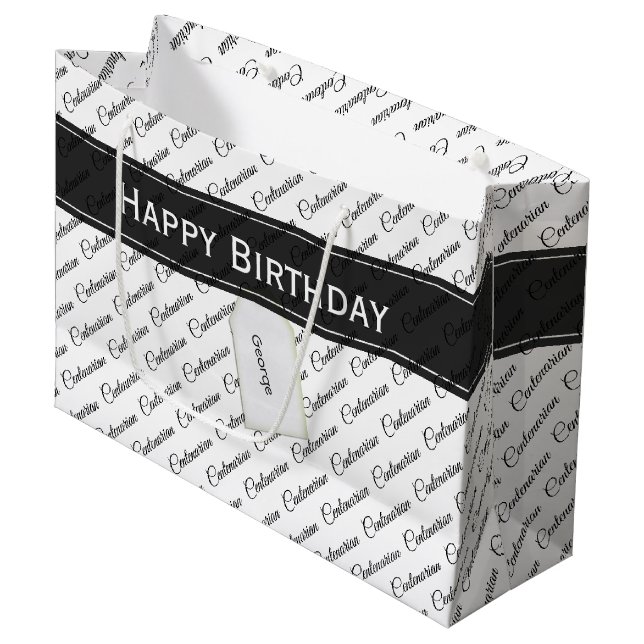 Grand Sac Cadeau Motif de typographie noir/blanc Centenaire - 100e (Devant Angle)
