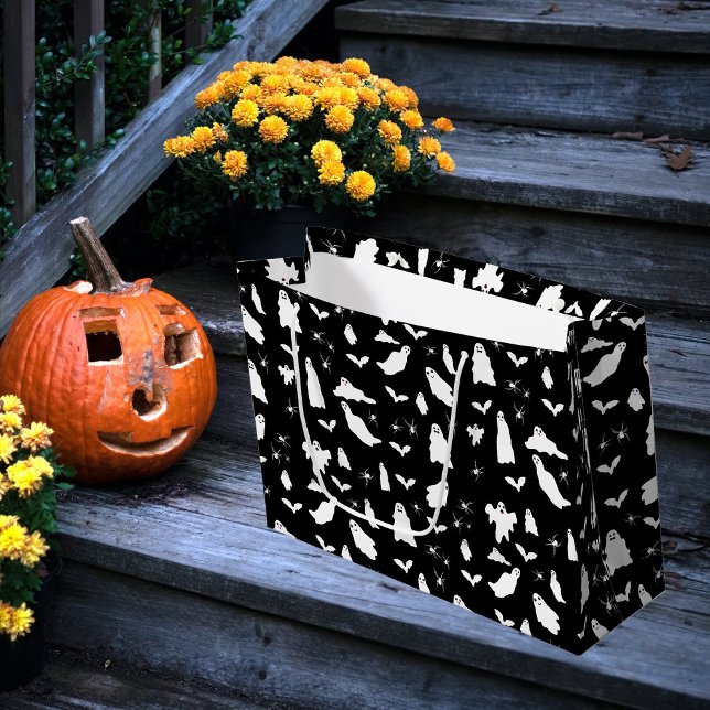 Grand Sac Cadeau Motif d'Halloween, chauves-souris et araignées (Cute Ghost, Bats & Spiders Halloween Pattern Large Gift Bag)