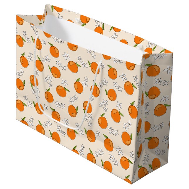 Grand Sac Cadeau Motif d'oranges et de fleurs (Devant Angle)