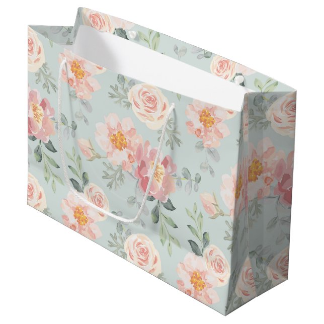 Grand Sac Cadeau Motif du jardin rose Rose Rose Pastel (Devant Angle)