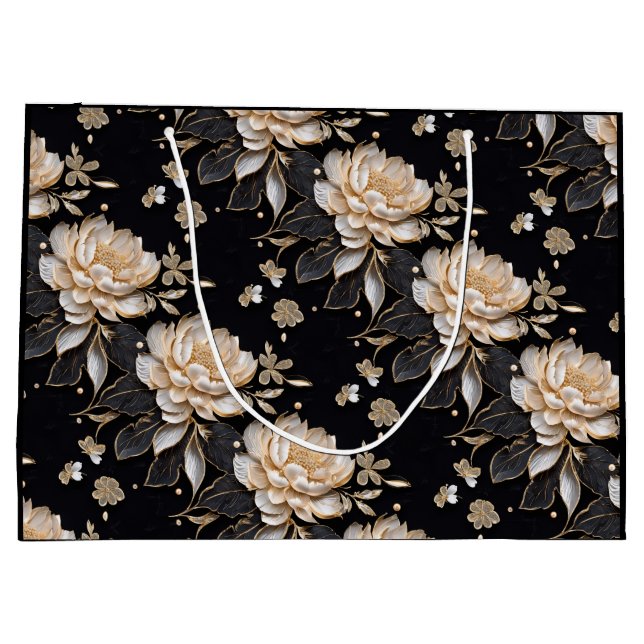 Grand Sac Cadeau Motif élégant de fleurs de pivoine noire perle lux (Dos)