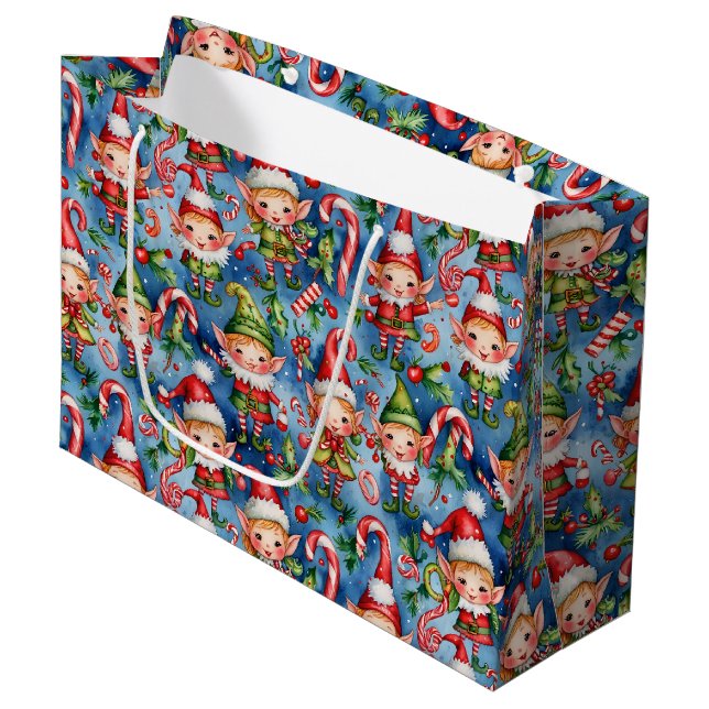 Grand Sac Cadeau Motif Elfe Noël (Devant Angle)