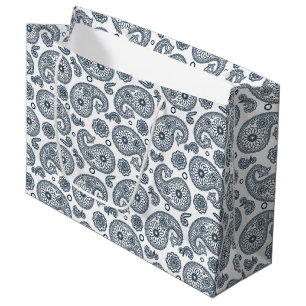 Grand Sac Cadeau Motif en cachemire bleu foncé indien sur blanc