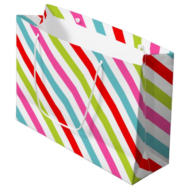 Grand Sac Cadeau Motif Festif - Retro Holiday Stripes (Devant Angle)