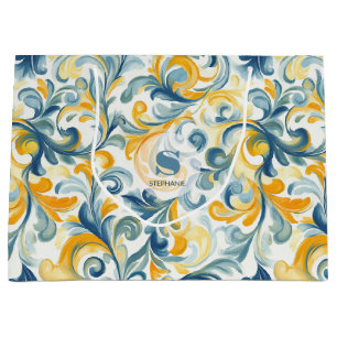 Grand Sac Cadeau Motif feuille bleu et or Paisley