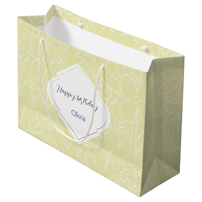 Grand Sac Cadeau Motif Fleur sauvage blanc jaune Monogramme (Devant Angle)