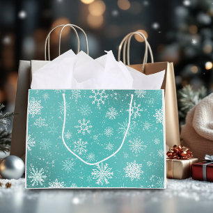 Grand Sac Cadeau Motif Flocons de Neige Bleu Turquoise Doux Givre d