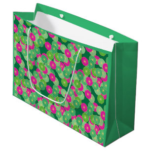 Grand Sac Cadeau Motif floral Art Déco - nuances de vert, fuchsia